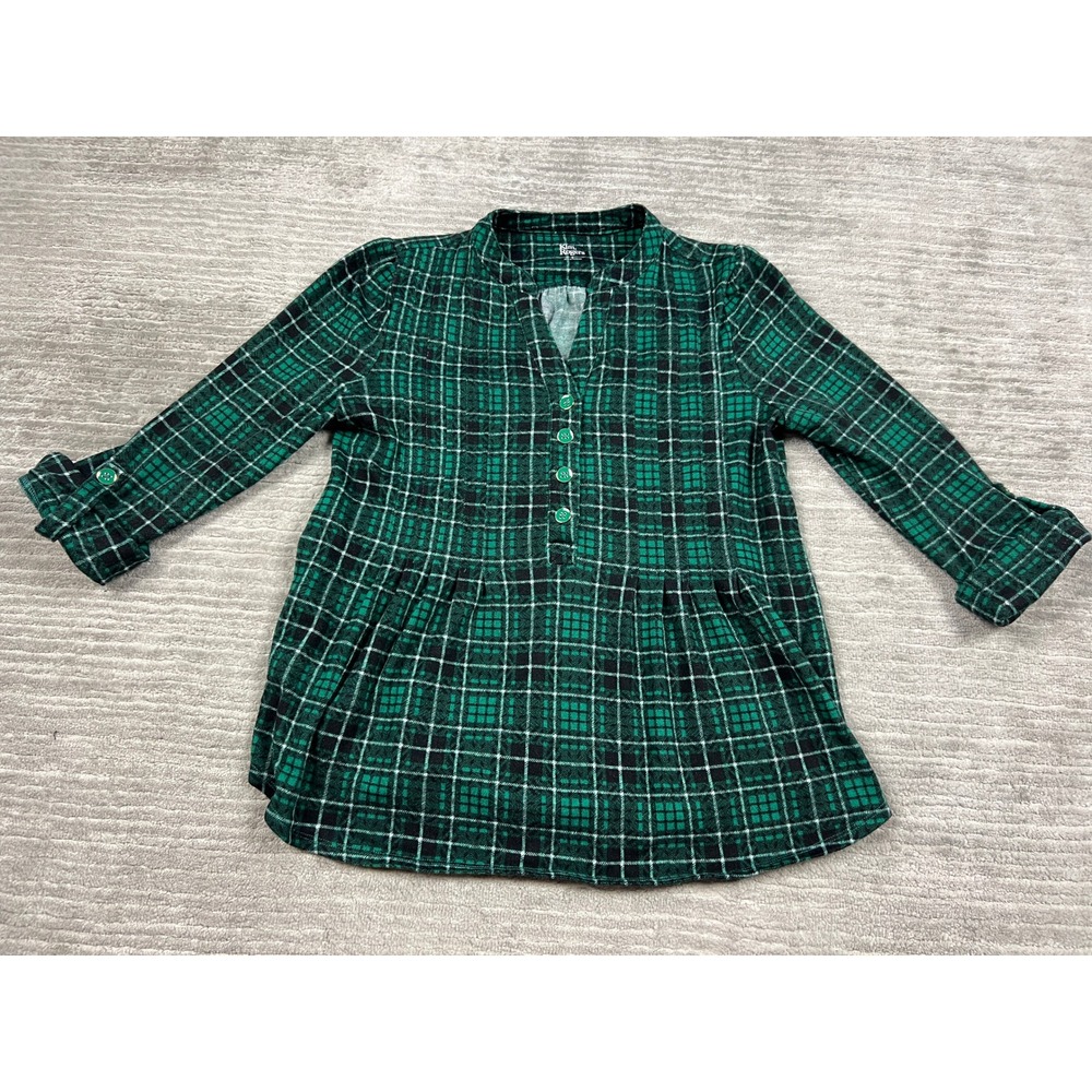 Kim Rogers Top Womens Small Green Plaid Henley Roll Tab Sleeve Knit Tunic 30199